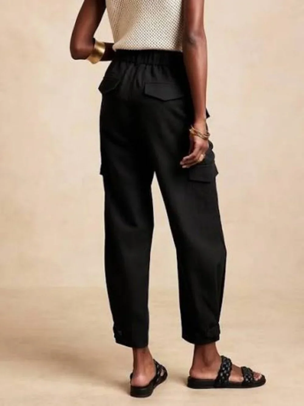 Banana Republic Tencel Linen Cargo Pants Black Size 10 Cropped Barrel Tie Waist